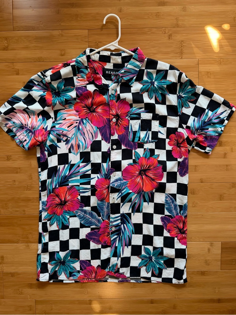 REASON Men’s Floral Checkered Button-Up Shirt — Size L